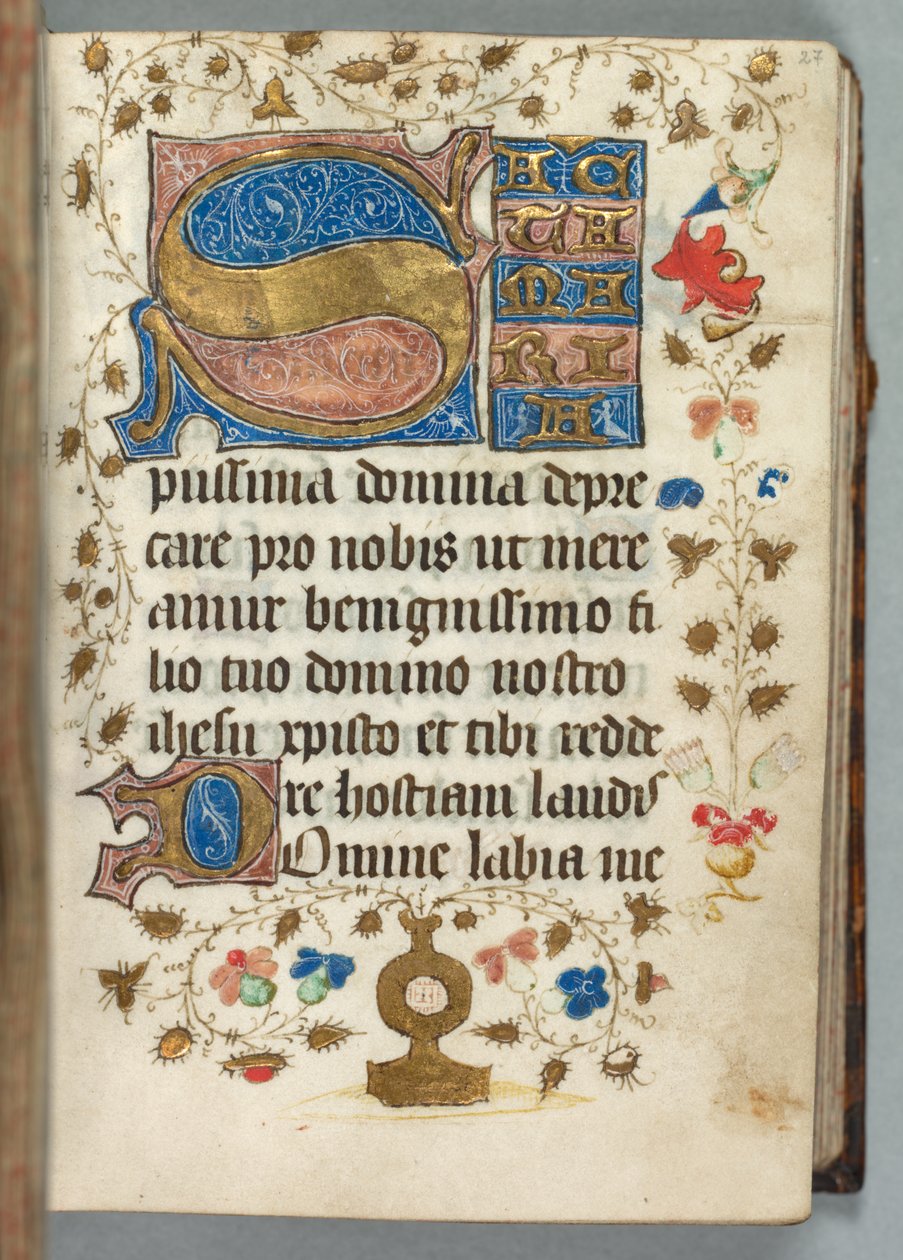 Tuntikirja Metzin käyttö: Fol. 27r, koristellut nimikirjaimet, c. 1440. tekijältä Unbekannt