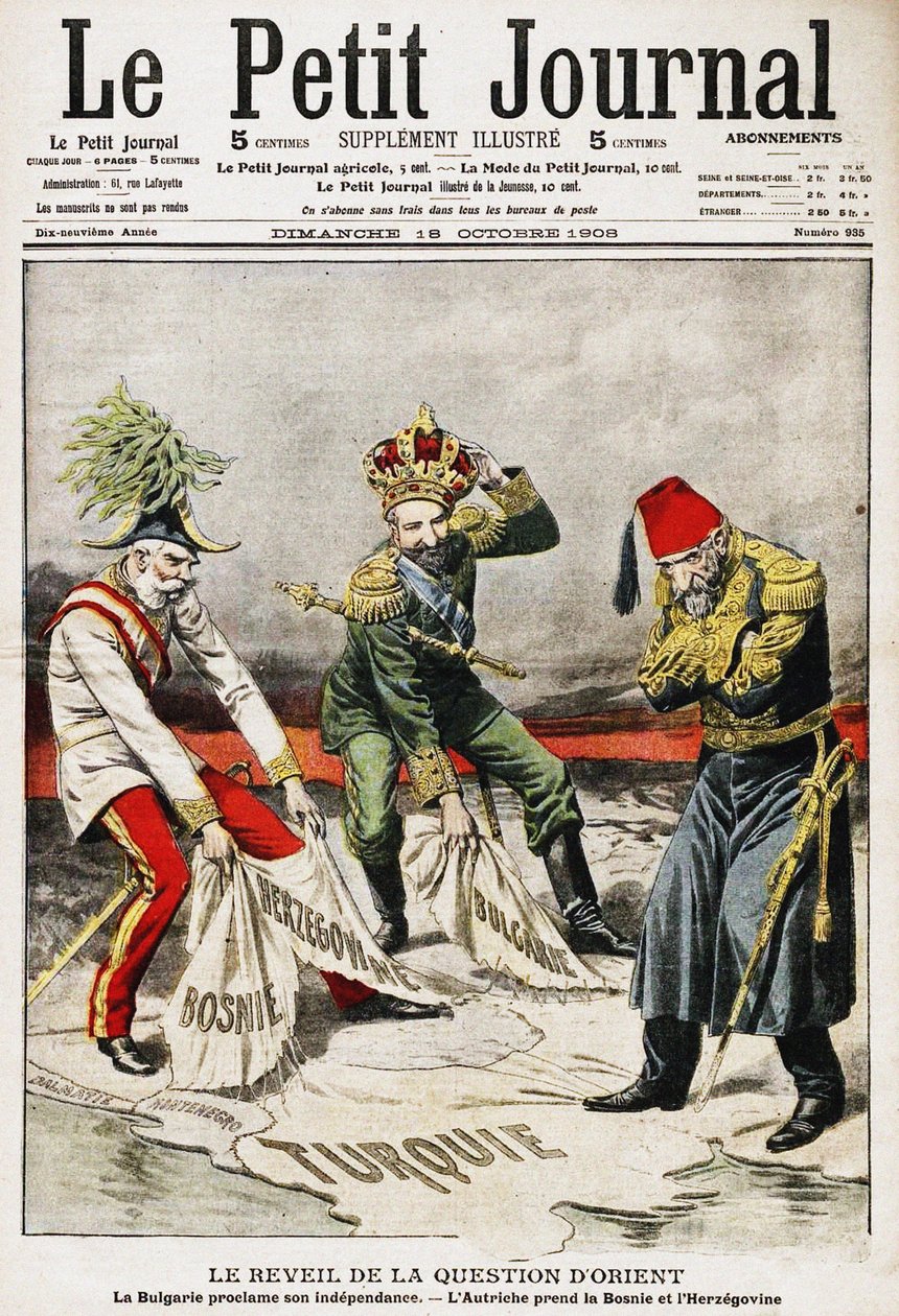 Bosnian kriisi. Ranskalaisen aikakauslehden Le Petit Journalin kansi, 18. lokakuuta 1908, 1908 tekijältä Unbekannt