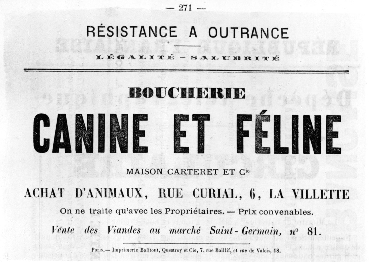 Boucherie Canine et Feline, Pariisin kommuunin ranskalaisista poliittisista julisteista, toukokuu 1871 tekijältä Unbekannt