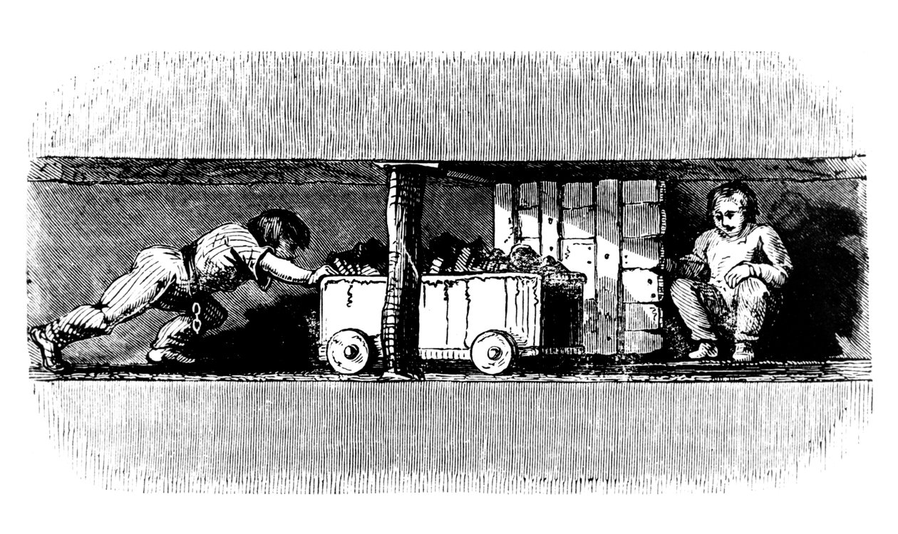 Poika työntää hiilellä lastattua kuorma-autoa kivihiilen pinnasta kaivon pohjaan, c1848 tekijältä Unbekannt