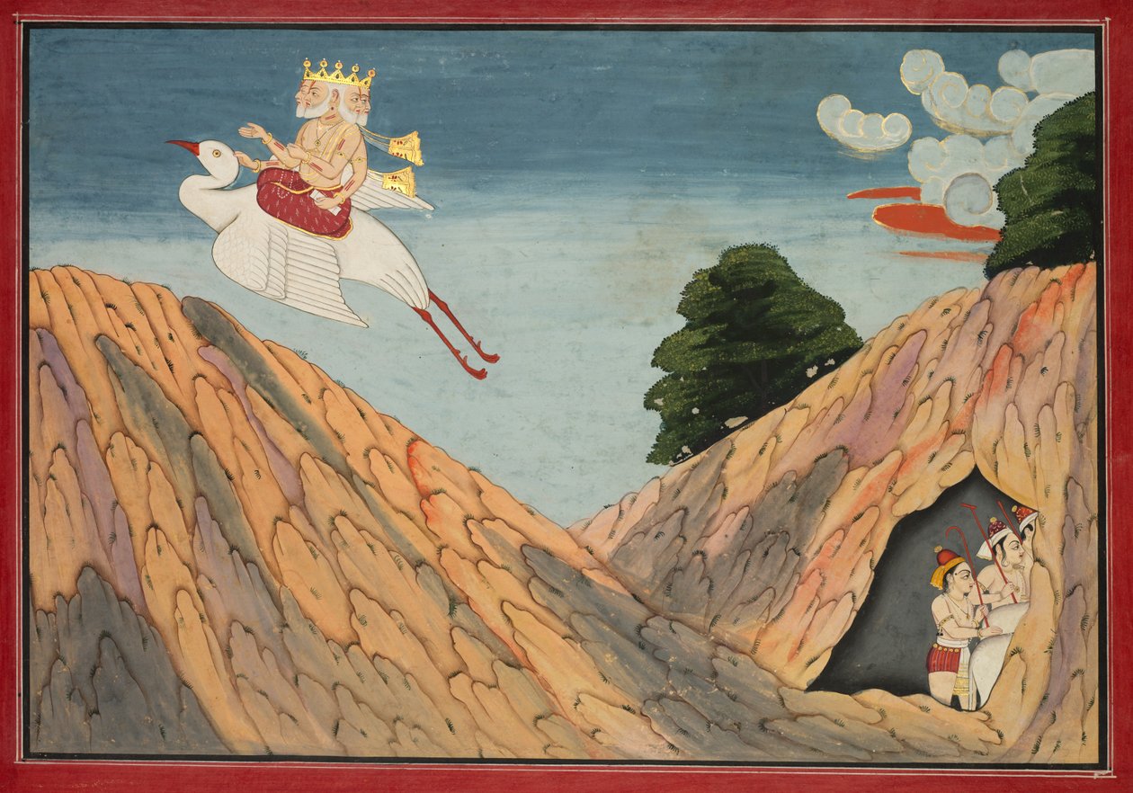 Brahma piilottaa lehmänpaimenet ja vasikat luolassa, sivu Bhagavata Puranalta, n. 1760-1765. tekijältä Unbekannt
