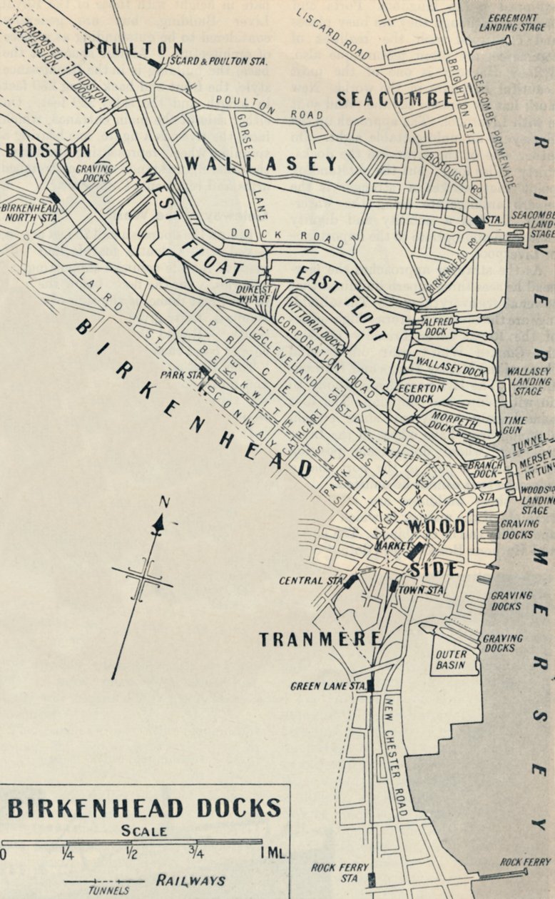 Birkenheadin telakat sijaitsevat Mersey-joen Cheshiren puolella, 1936 tekijältä Unbekannt