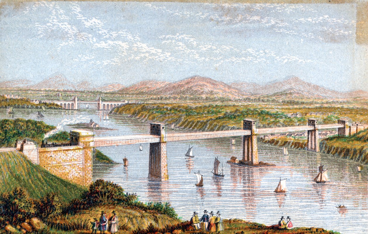 Britannia Tubular Bridge Menain salmen yli, Wales, 1850-luku tekijältä Unbekannt