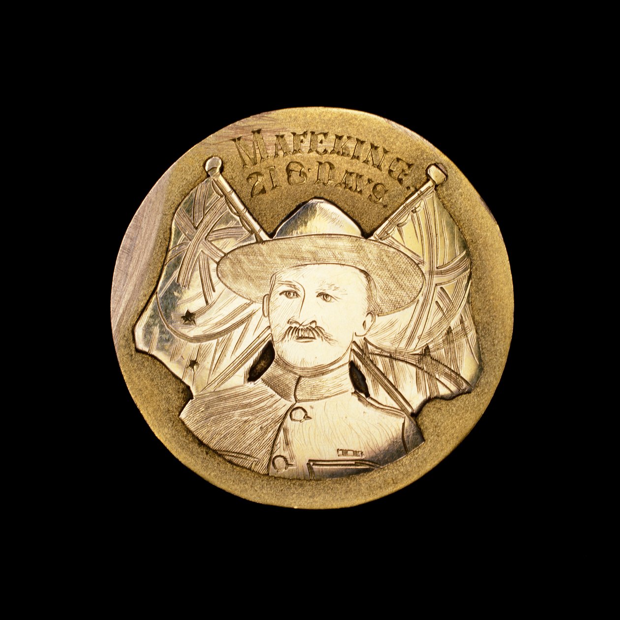 Brittiläinen buurien sodan mitali, joka juhlii puolustusta Mafekingin piiritystä vastaan ja kuvaa Robert Baden-Powellia (kuva) tekijältä Unbekannt