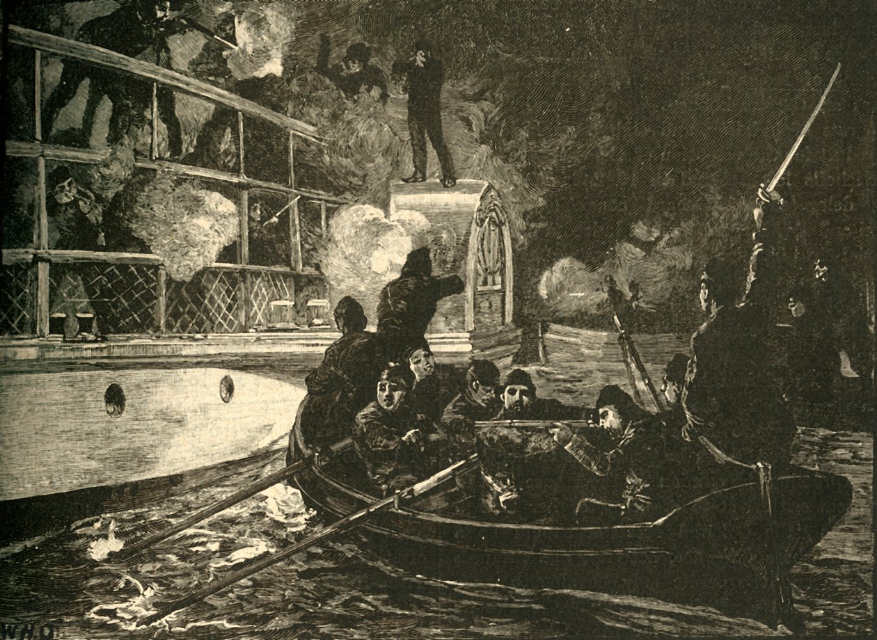 Brittijoukot vangitsemassa kanadalaisen kapinallisaluksen Carolinea Niagara-joella, 1837 c1890. tekijältä Unbekannt
