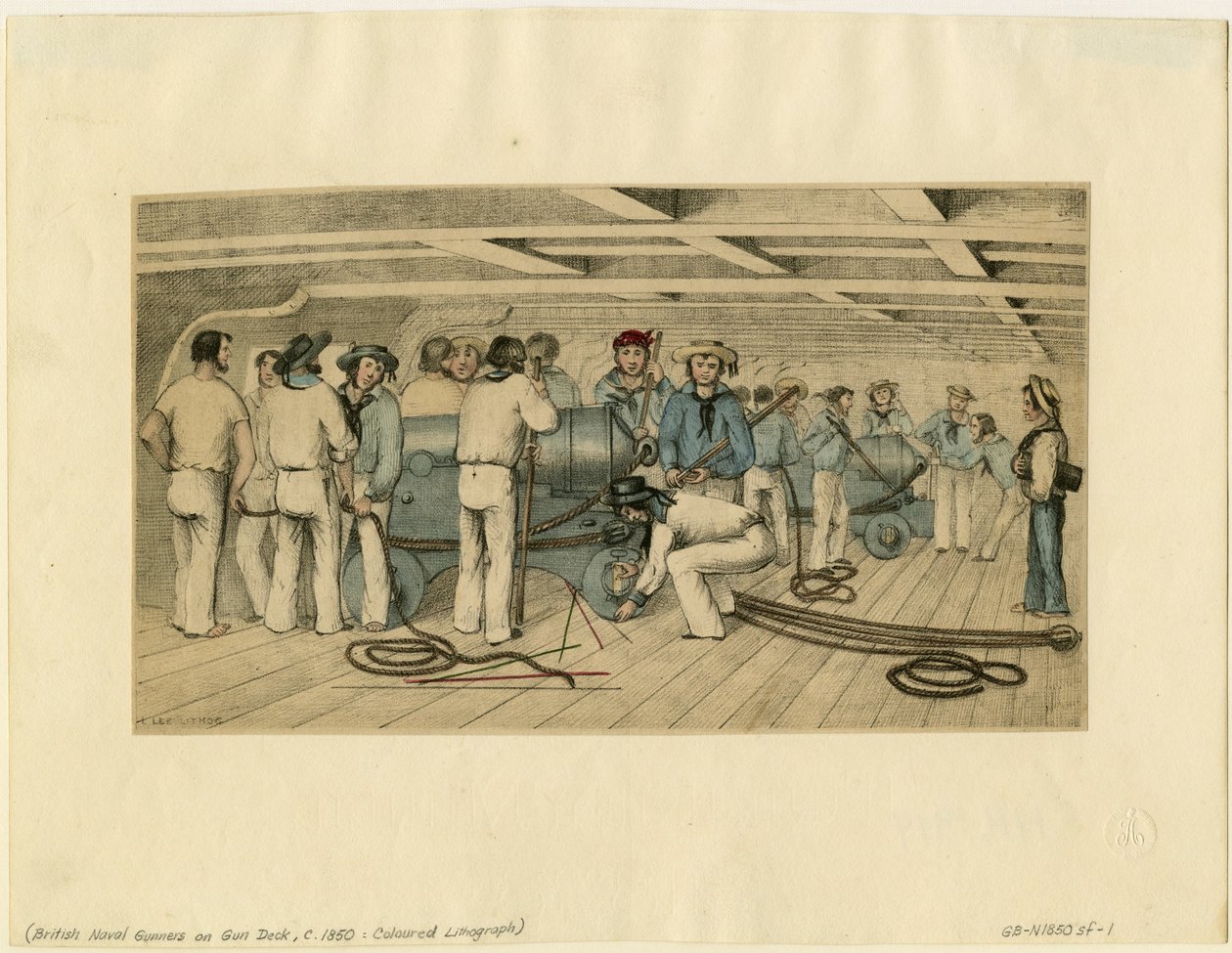 Brittiläiset laivaston tykkimiehet tykikannella, n. 1850 tekijältä Unbekannt