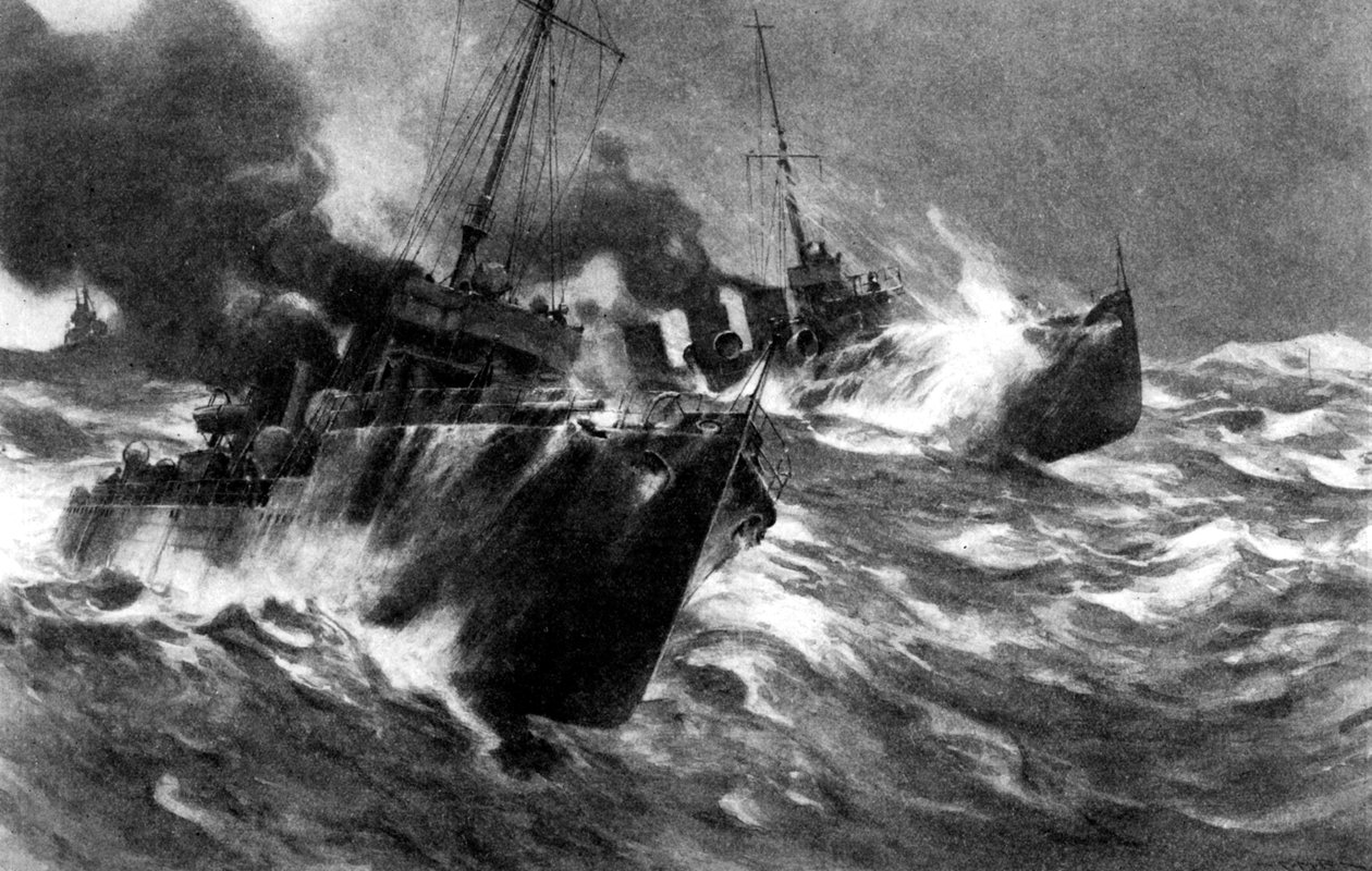 Brittiläinen torpedo-alus Pohjanmeren myrskyissä, ensimmäinen maailmansota, 1914 tekijältä Unbekannt