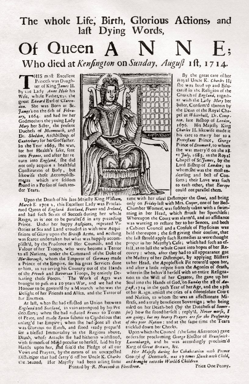 Broadside julkaistiin kuningatar Annen kuoleman yhteydessä, 1714 1906 tekijältä Unbekannt