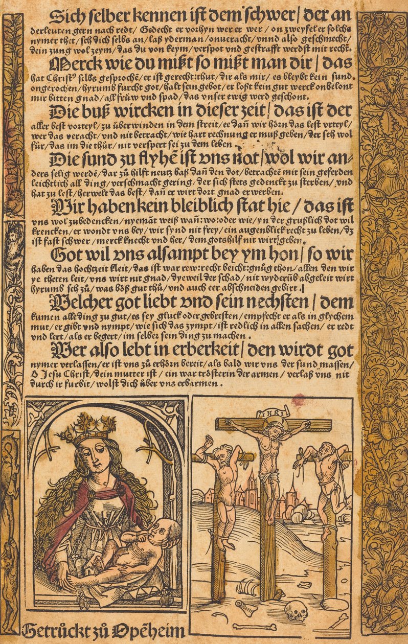 Broadside kaksi kohtausta Kristuksen elämästä ja Grotesque Borders, c. 14751500. tekijältä Unbekannt