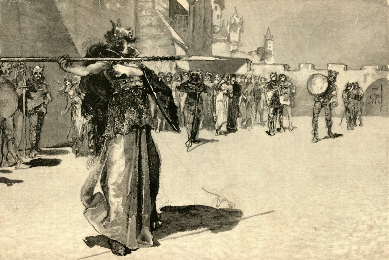 Brunhild, Soturi-kuningatar, heittää keihään Gunthers Shieldissä, 1882. tekijältä Unbekannt
