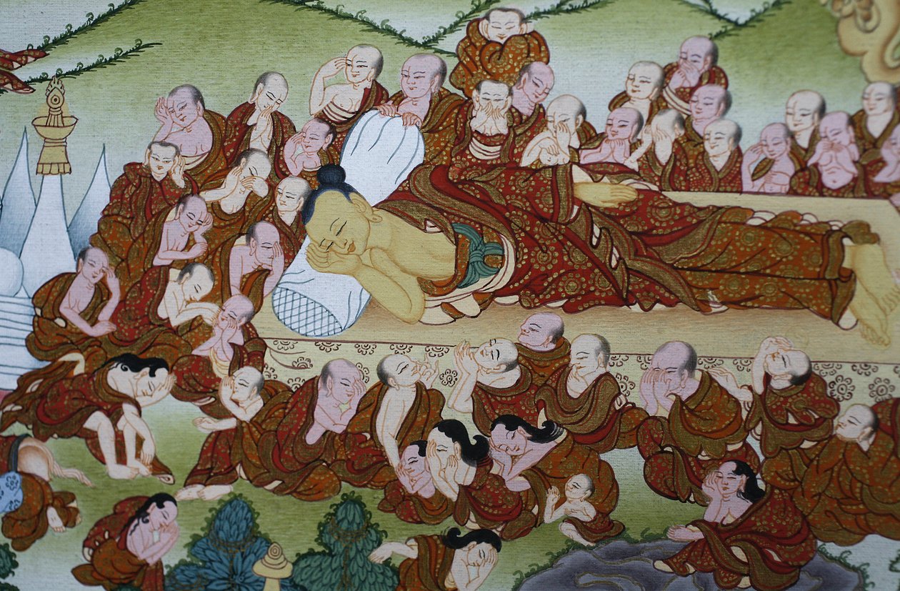 Buddhan kuolema ja Parinirvana. Thangka, Bhaktapur, Nepal tekijältä Unbekannt