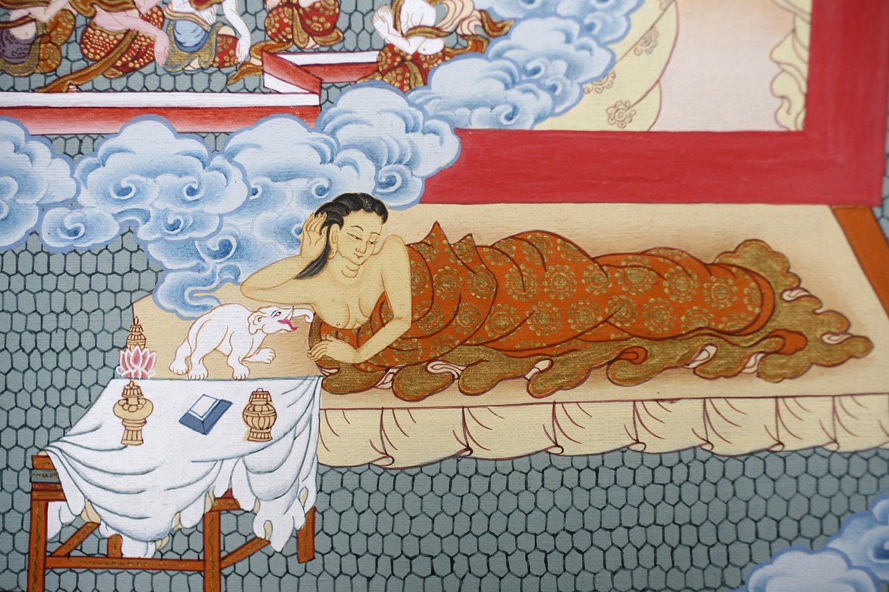 Buddhan äiti haaveilee valkoisesta norsusta. Thangka, Bhaktapur, Nepal tekijältä Unbekannt
