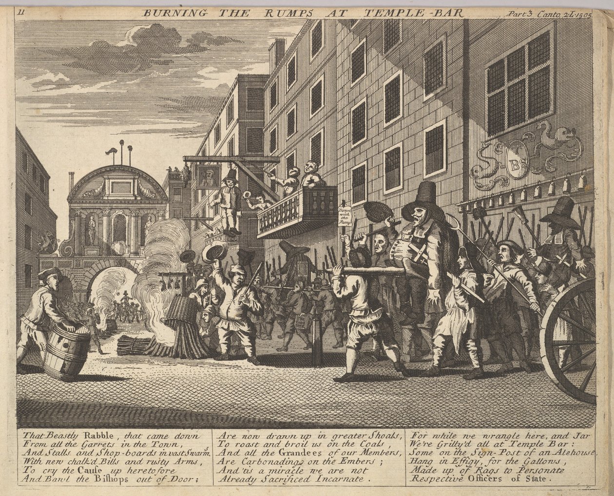 Rumpujen polttaminen Temple Barissa Levy 11: Kuvituksia Samuel Butlers Hudibrasille, 1725-30. tekijältä Unbekannt
