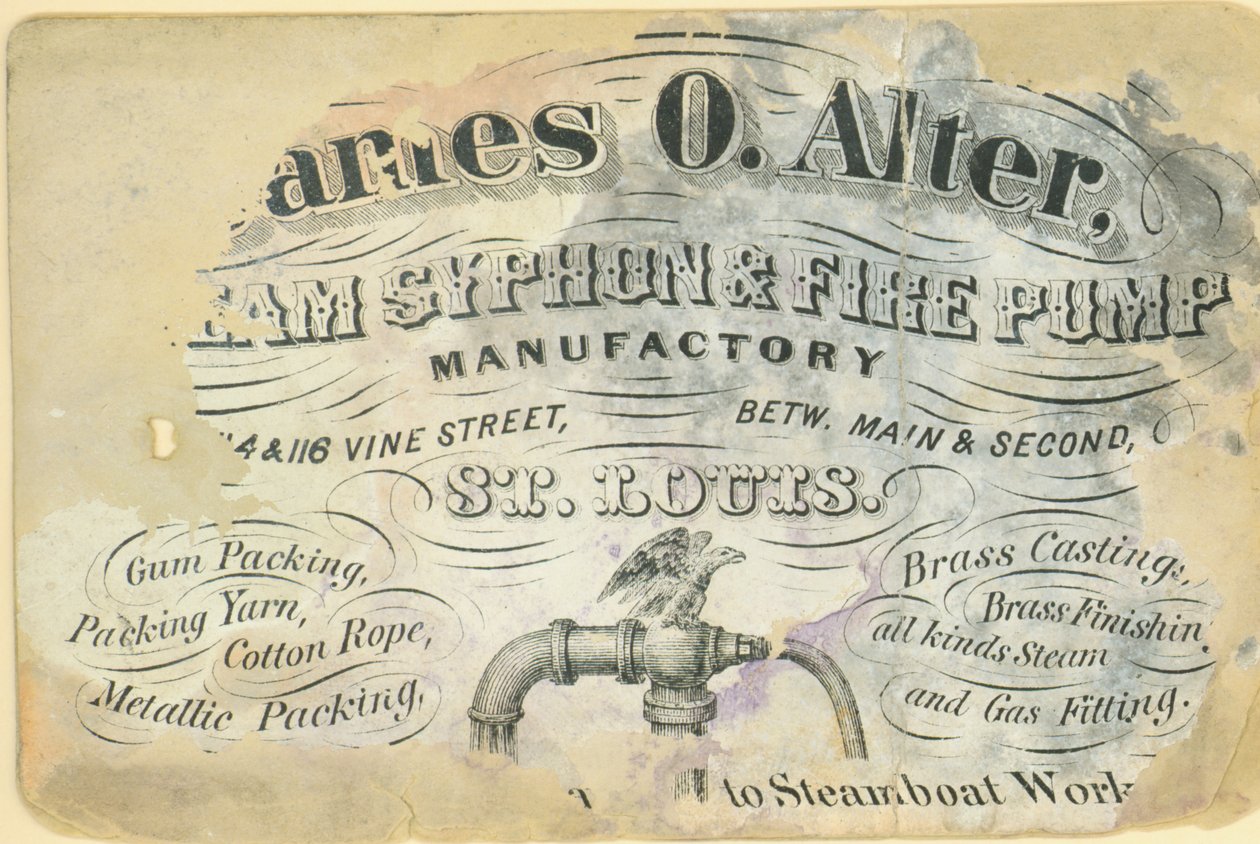 Käyntikortti James O.Alter, höyrylaippa ja palopumppupakkaus, St.Louis, n. 1870 tekijältä Unbekannt