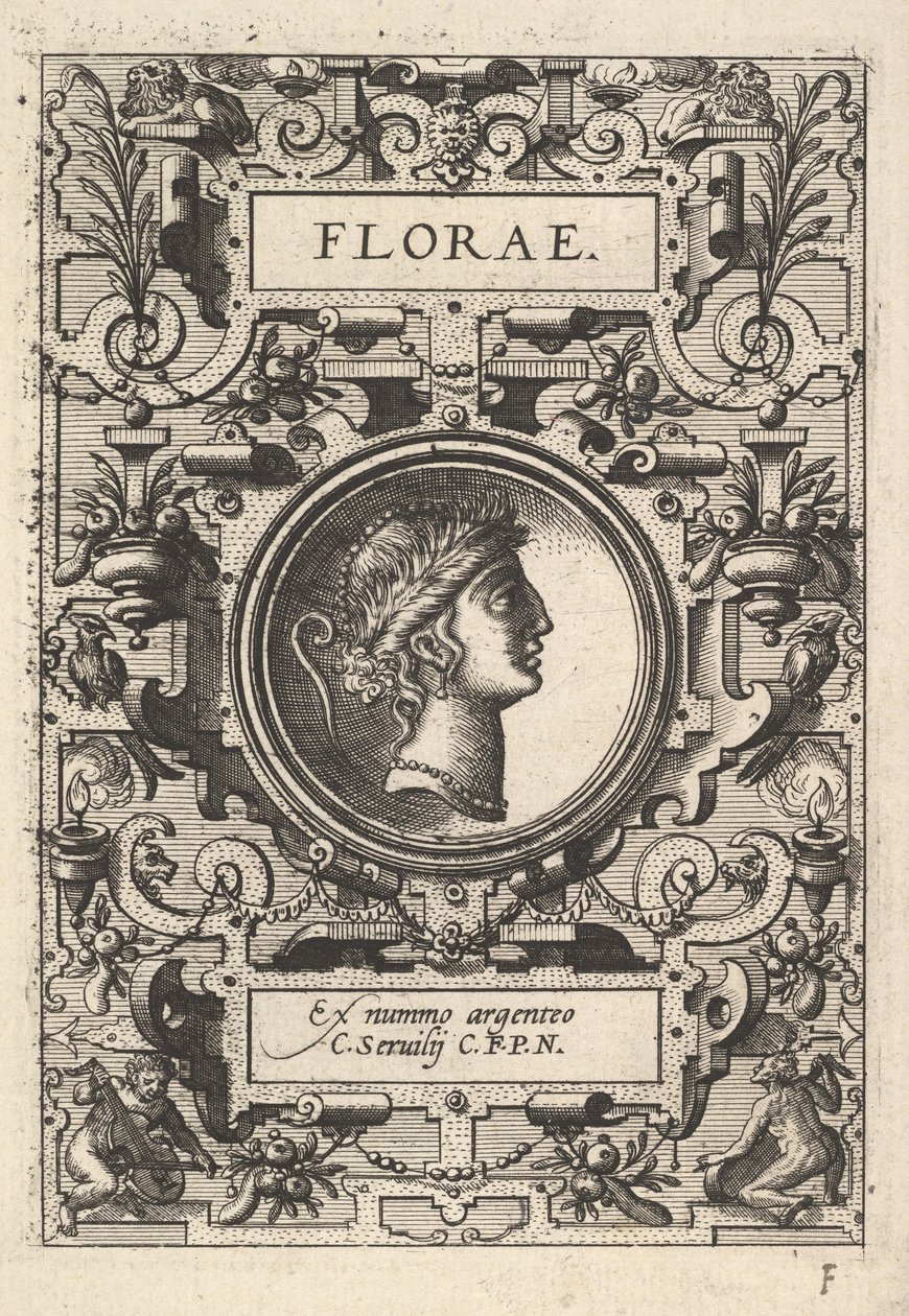 Floraen rintakuva, jota ympäröi nauhanauha, sarjasta Deorum dearumque, kuvasarja..., 1573. tekijältä Unbekannt