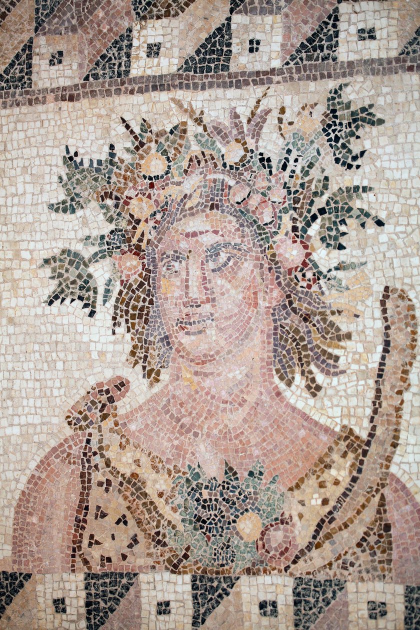 Kevään rintakuva - Yksityiskohta Neljän vuodenajan paneelista - Pafoksen mosaiikit, Dionysoksen talo - Kypros - Kevään henkilöitymä - Yksityiskohta neljän vuodenajan mosaiikki - Pafoksen mosaiikit, Dionysoksen talo - II vuosisadan loppu JC:n jälkeen - UNSE tekijältä Unbekannt