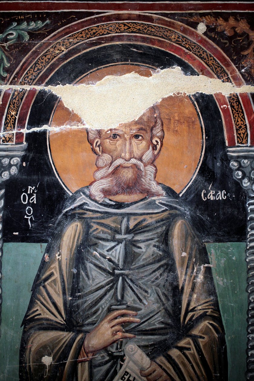 Bysanttilainen fresko 1400-luvulta (yksityiskohta) Saint Sabasin seinämaalaus Arkkienkeli Mikaelin kappeli, Galatan kylä Kypros Maalatut kirkot Unescon sivusto Troodos, Kypros tekijältä Unbekannt