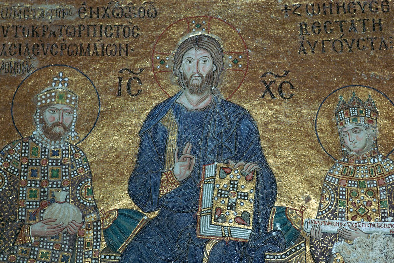 Bysanttilainen mosaiikki, jossa Kristus nousi valtaistuimelle maallisten hallitsijoiden välissä, 1100-luku tekijältä Unbekannt
