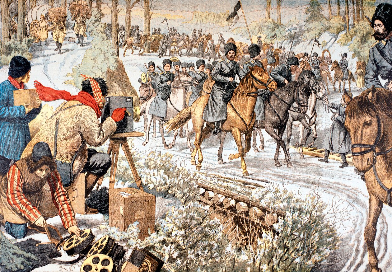 Kameramies kuvaamasta Venäjän joukkoja Mantsuriassa varhaisessa uutissarjassa Venäjän ja Japanin sota, 1904 tekijältä Unbekannt