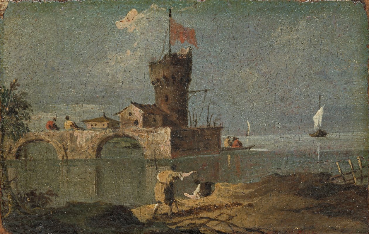 Capriccio, jossa on pyöreä torni, kaksi taloa ja silta, 1700-luku. tekijältä Unbekannt
