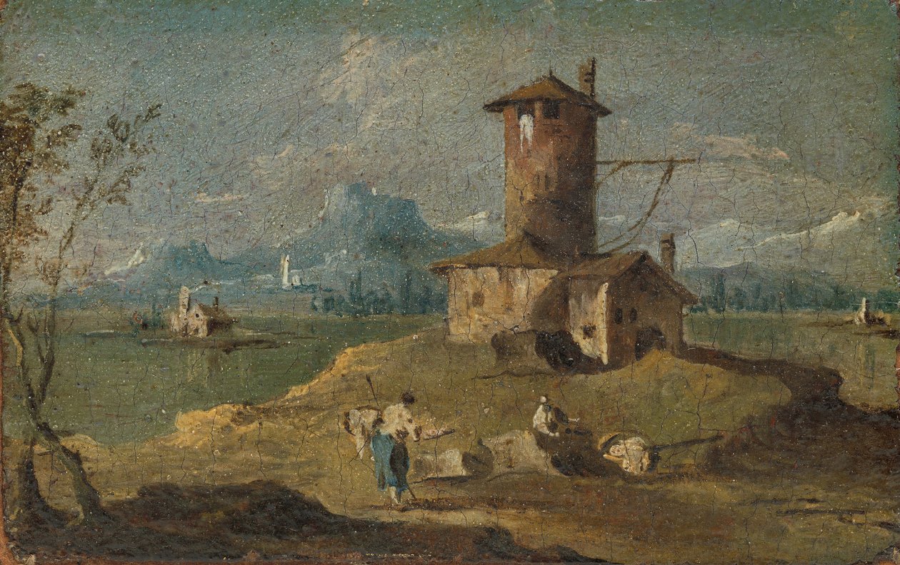 Capriccio saarella, tornilla ja taloilla, 1700-luku. tekijältä Unbekannt
