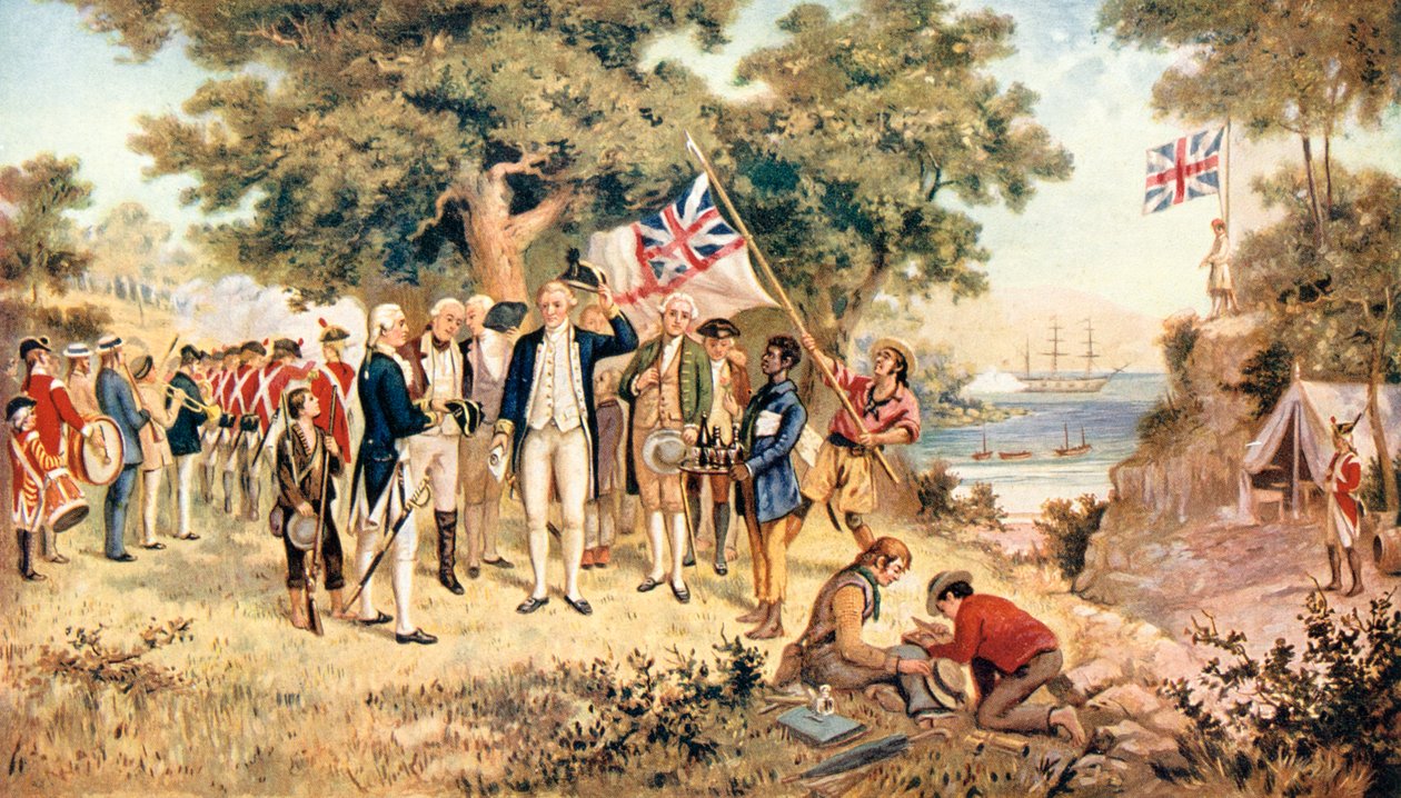 Kapteeni James Cook ottaa New South Walesin haltuunsa Britannian kruunun nimissä, 1770 tekijältä Unbekannt