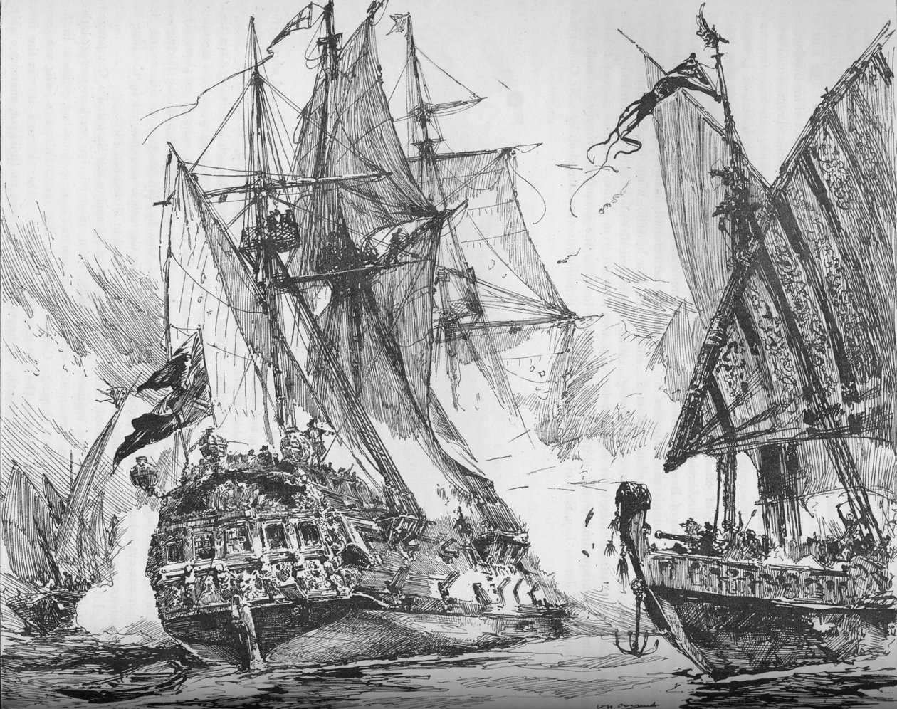 Kapteeni Kigwin in the Revenge, lyömässä Sevagees Fleetin, 1884 tekijältä Unbekannt