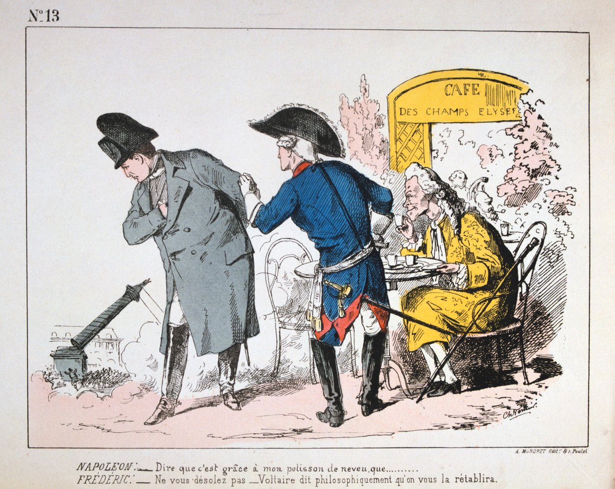 Karikatyyri Napoleon I:stä katselemassa Colonne de Vendomen kaatumista Pariisin kommuunissa, 1871. tekijältä Unbekannt