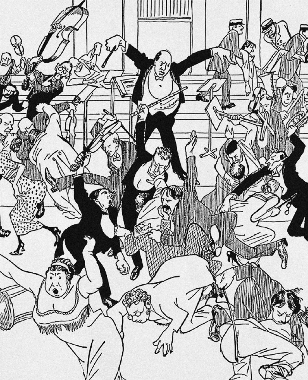 Karikatyyri Schönbergin kamarisinfoniasta nro 1 31. maaliskuuta 1913 Wienissä, 1913 tekijältä Unbekannt
