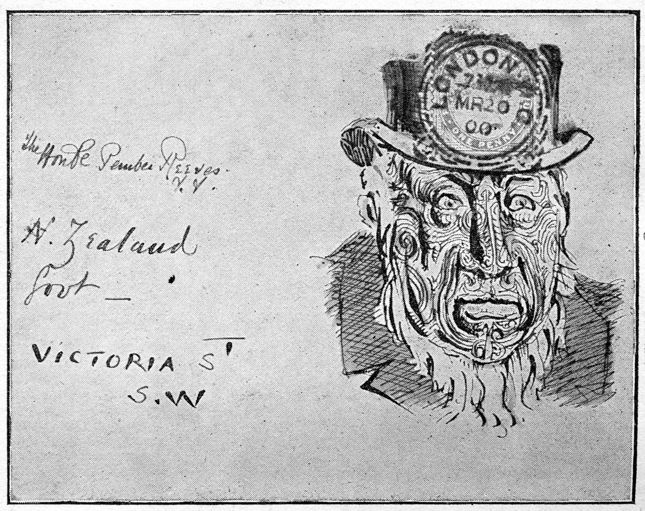 Sarjakuva, joka kuvaa buurijohtaja Paul Krugeria maorina, 1900 tekijältä Unbekannt