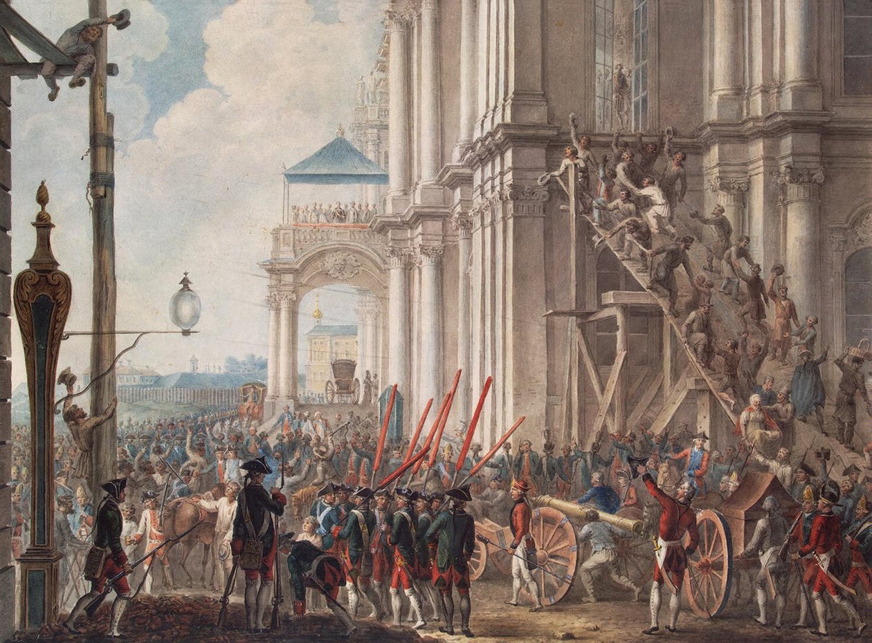Katariina II Talvipalatsin parvekkeella, vartijat tervehtivät palatsin vallankumouksen päivänä 28. kesäkuuta 1762, 1700-luvun lopulla. tekijältä Unbekannt