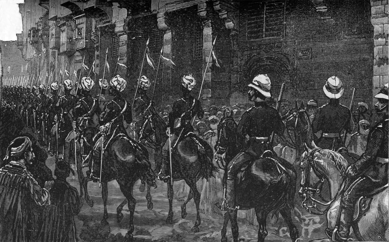 Ratsuväen mielenosoitus arabikorttelissa, Kairossa, c1882-85 tekijältä Unbekannt
