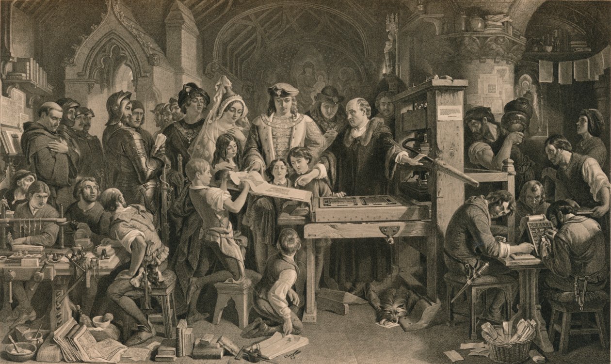 Caxton näyttää ensimmäisen näytteen painostaan kuningas Edward IV:lle Westminsterissä, n. 1477 1905 tekijältä Unbekannt