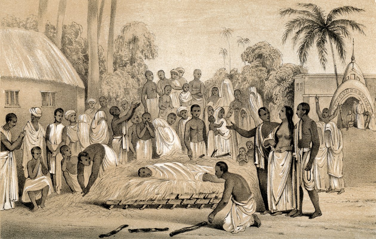 Hindu-lesken polttoseremonia edesmenneen aviomiehensä ruumiin kanssa vuonna 1847 tekijältä Unbekannt