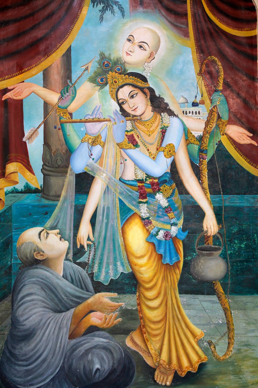 Chaitanya Mahaprabhu, 1400-luvun vaishnava-pyhimys ja yhteiskunnan uudistaja - Vaishnava tarkoittaa Vishnun tai Krishnan kunnioittamista (huilua soittava Krishna on yksi Vishnun avatareista) Vrindavan Inde tekijältä Unbekannt