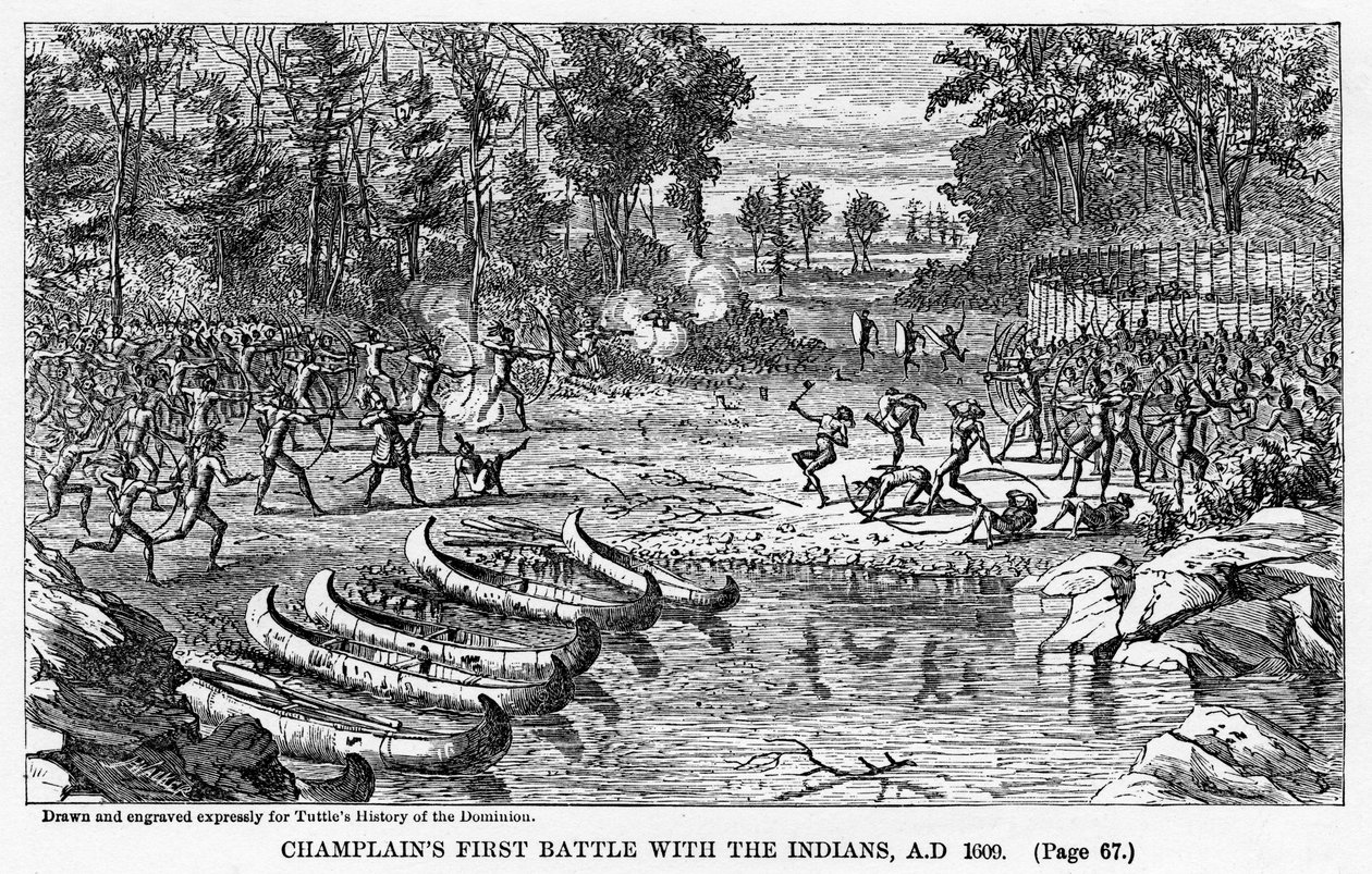 Champlainsin ensimmäinen taistelu intiaanien kanssa, 1609 jKr., 1877 tekijältä Unbekannt