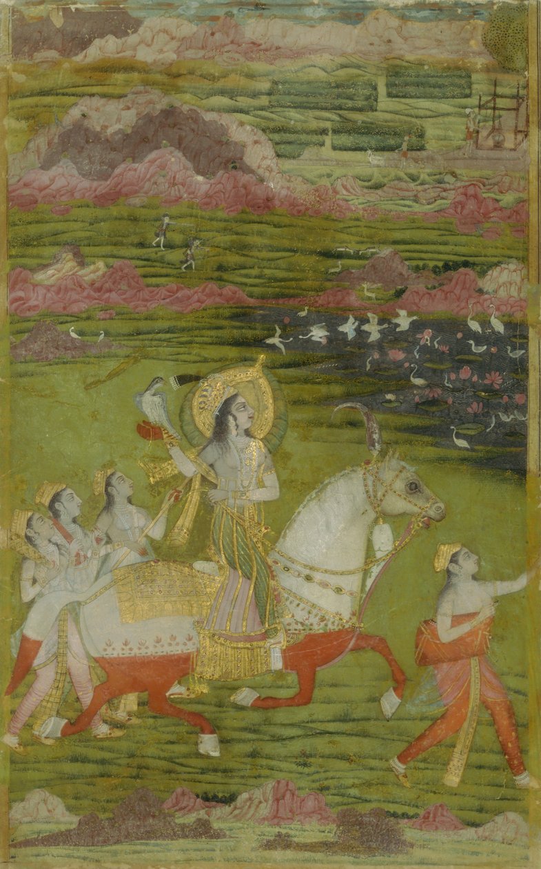 Chand Bibi Hawking palvelijoiden kanssa maisemassa, n. 1700. tekijältä Unbekannt