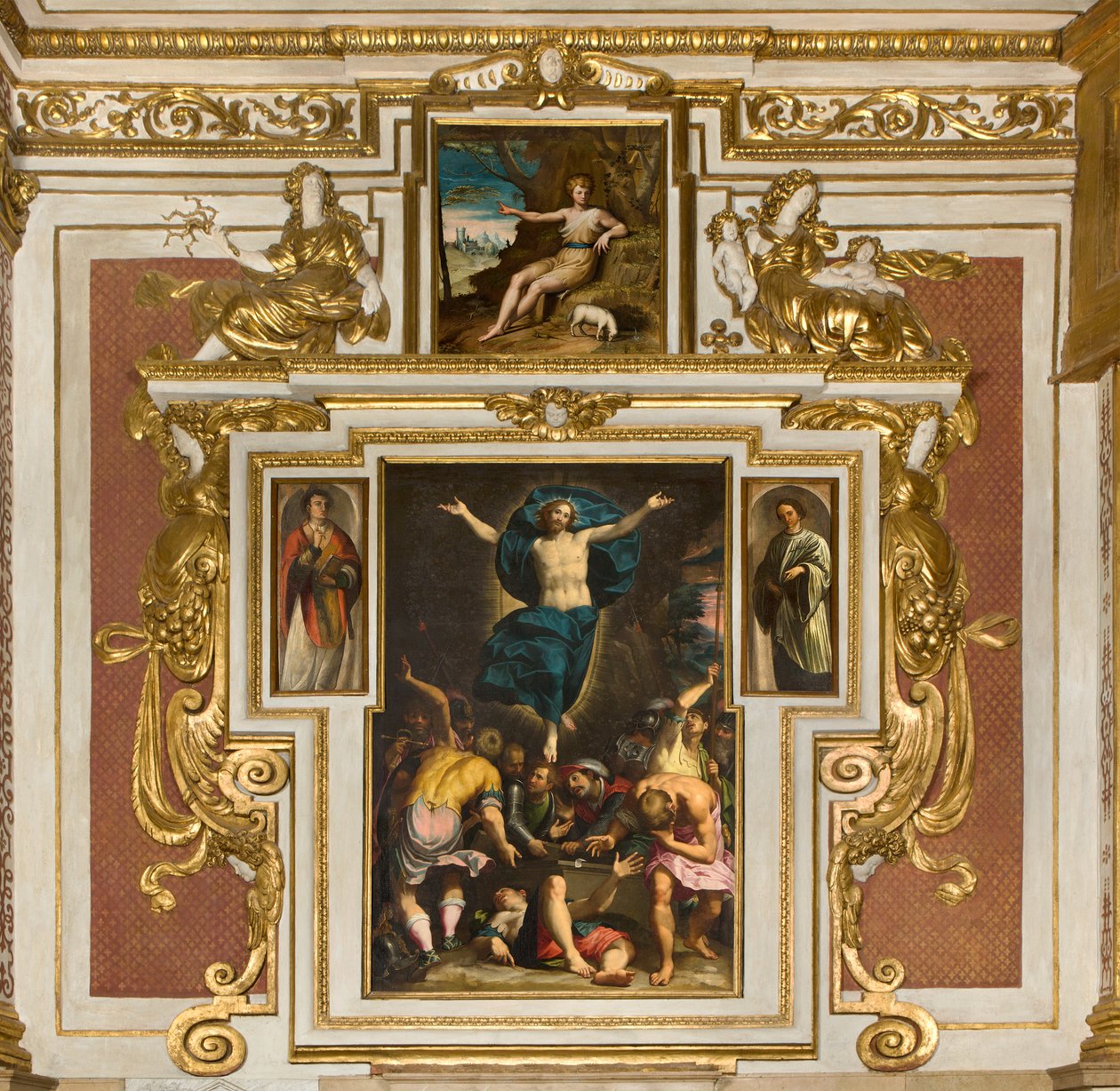 Neitsyt Marian kappeli, toinen väli eteläpuoli, Giovan Battista Trotti, joka tunnetaan nimellä Malosso, ylösnousemus 1594, Bernardino Campi, San Giovanni nel desert 1569, Santa Maria Assuntan katedraali, Duomo, Cremona, Lombardia, Italia (kuva) tekijältä Unbekannt