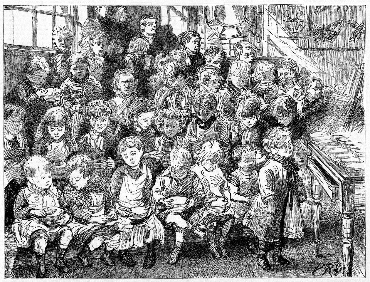 Lapset odottavat keittoa päivällisaikaan, London Board School, Denmark Terrace, Islington, 1889 tekijältä Unbekannt