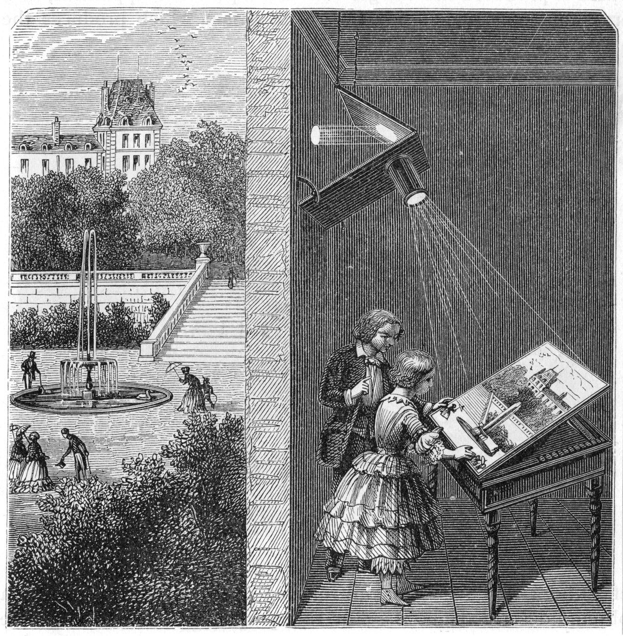 Lapset katsomassa ulkoilmakuvaa camera obscuran läpi, 1887 tekijältä Unbekannt