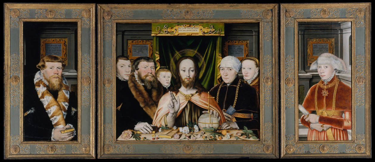 Kristuksen siunaus, lahjoittajaperheen ympäröimä, n. 1573-82. tekijältä Unbekannt
