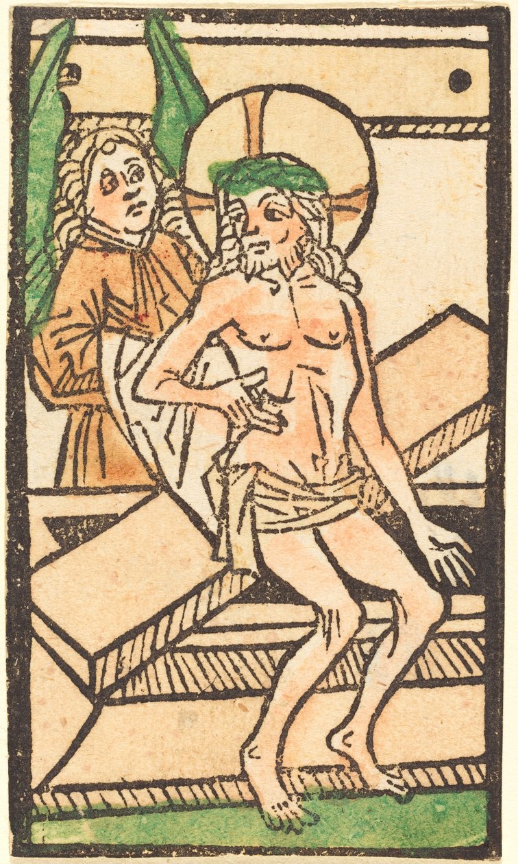 Kristus istuu haudallaan yhden enkelin kanssa, n. 14701480. tekijältä Unbekannt