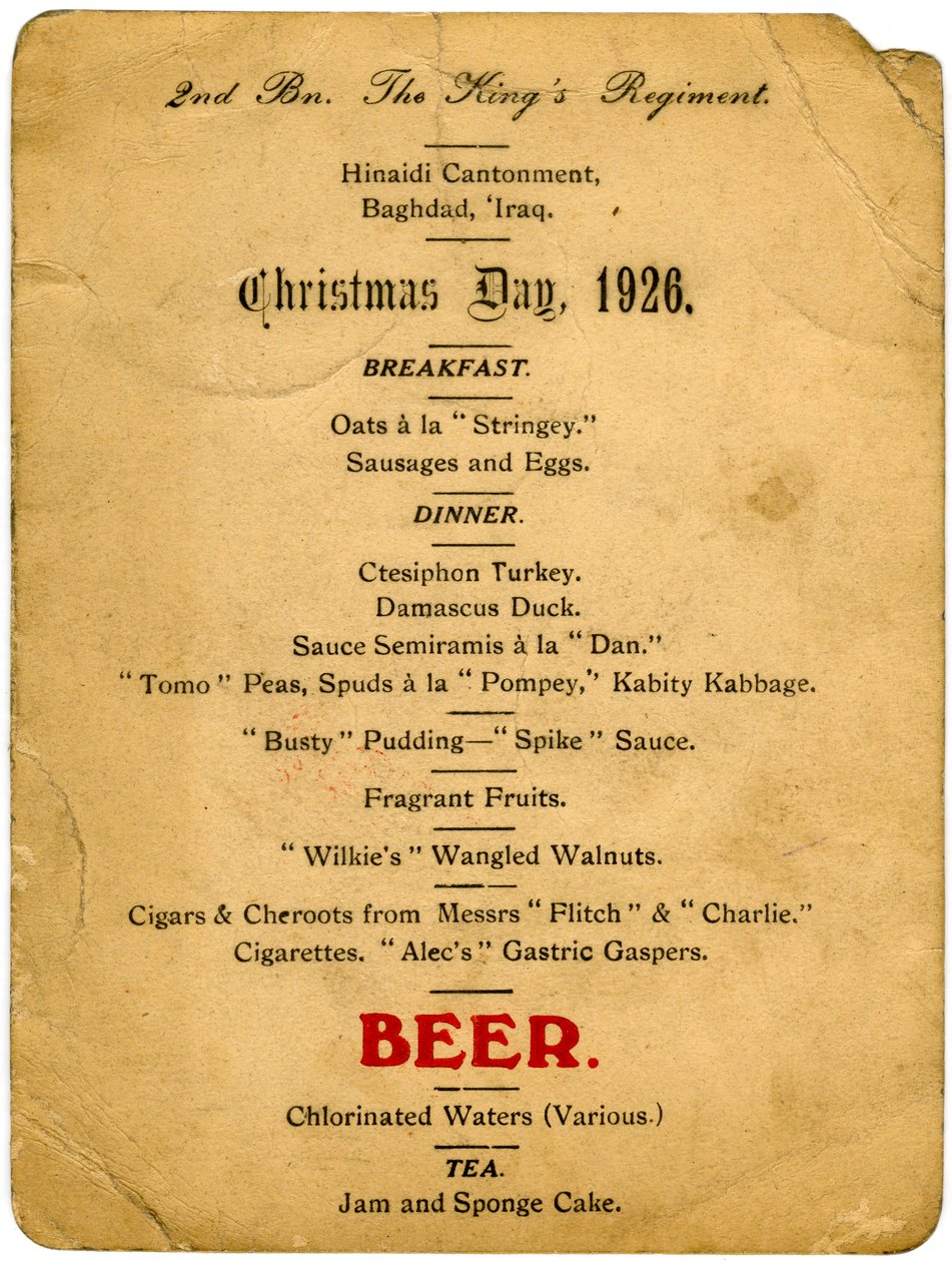Joulupäivän menu, 2. Battalion the Kings -rykmentti, Irak, 1926 tekijältä Unbekannt
