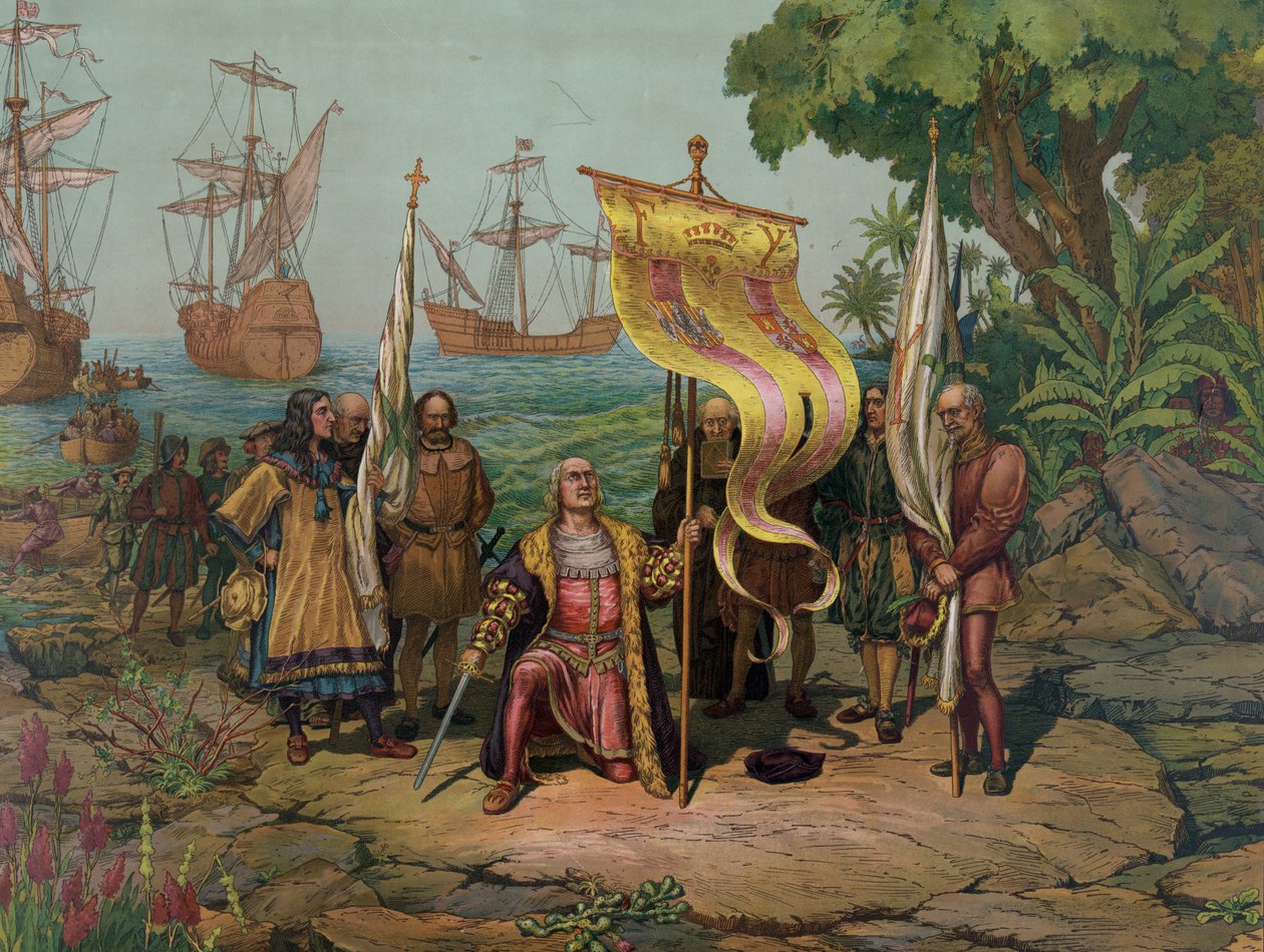 Kristoffer Kolumbus (1451 - 1506) hakee "uutta maailmaa" Espanjalle (litografia) tekijältä Unbekannt