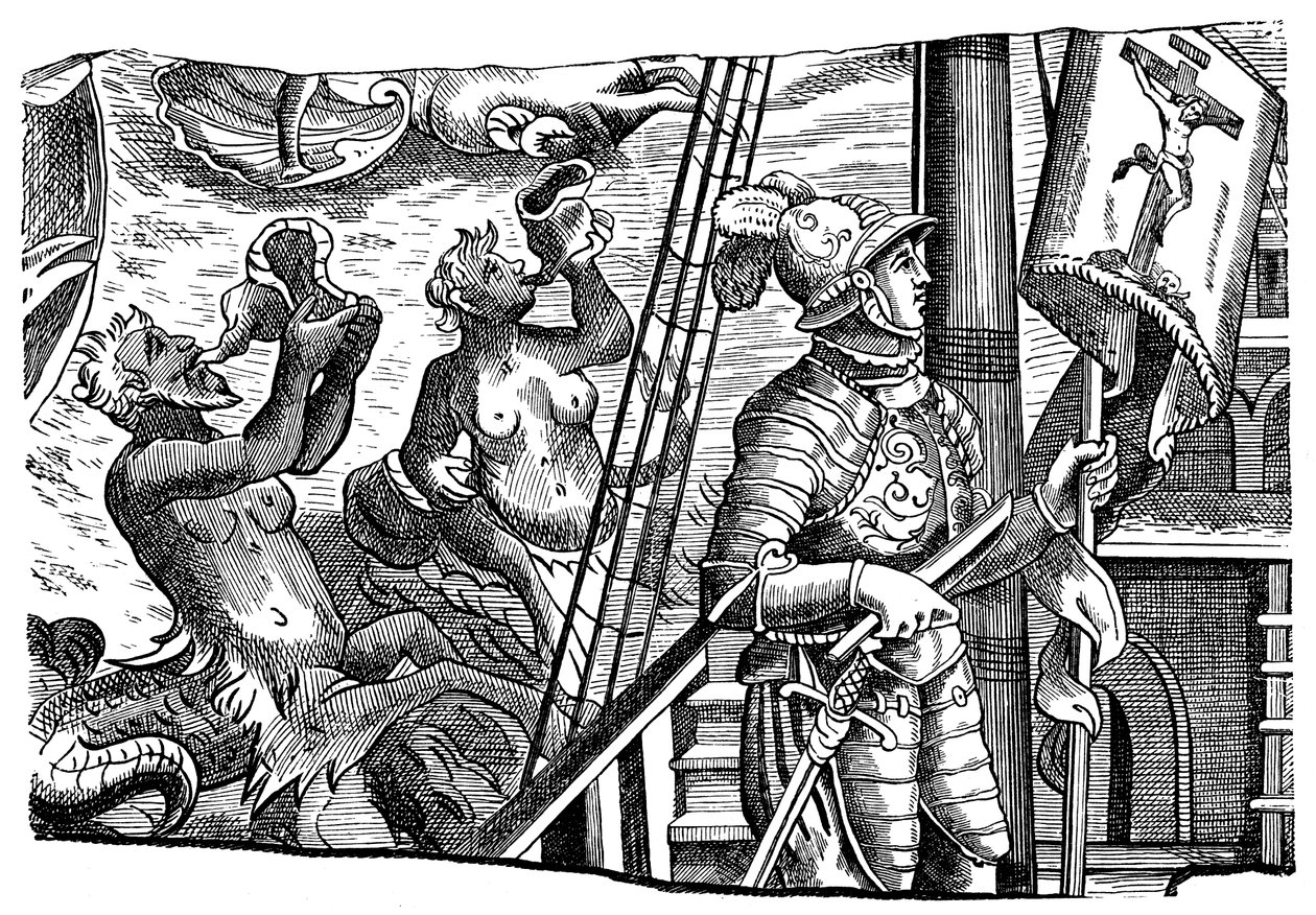 Christopher Columbus matkallaan Amerikkaan, kaiverrus, c1500 tekijältä Unbekannt