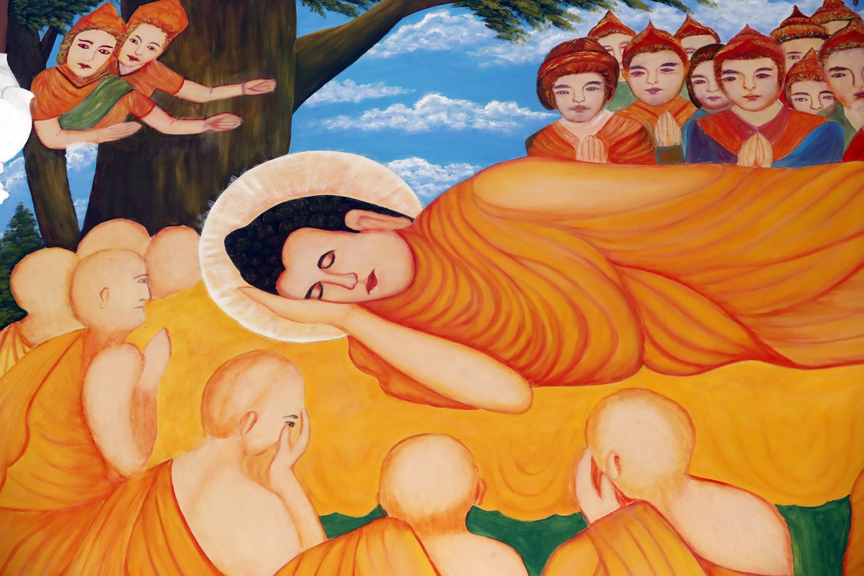 Chua Tu Quang buddhalainen temppeli. Makaava Buddha-maalaus. Opetettuaan 45 vuotta dharmaa, Buddha siirtyi Parinirvanaan. Vung Tau. Vietnam. tekijältä Unbekannt