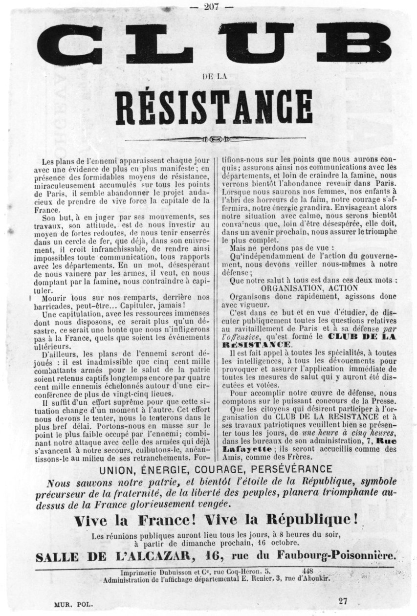Club de la Resistance, Pariisin kommuunin ranskalaisista poliittisista julisteista, toukokuu 1871 tekijältä Unbekannt