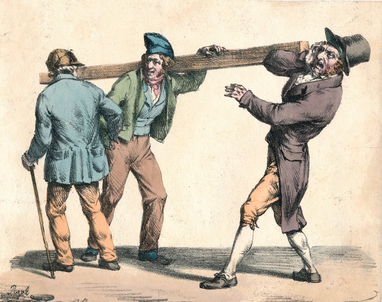 Kömpelö mies kantaa pitkää puuta, 1800-luku. tekijältä Unbekannt
