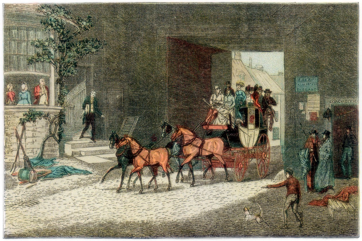 Linja-auto saapuu majatalon pihalle, 1890 tekijältä Unbekannt