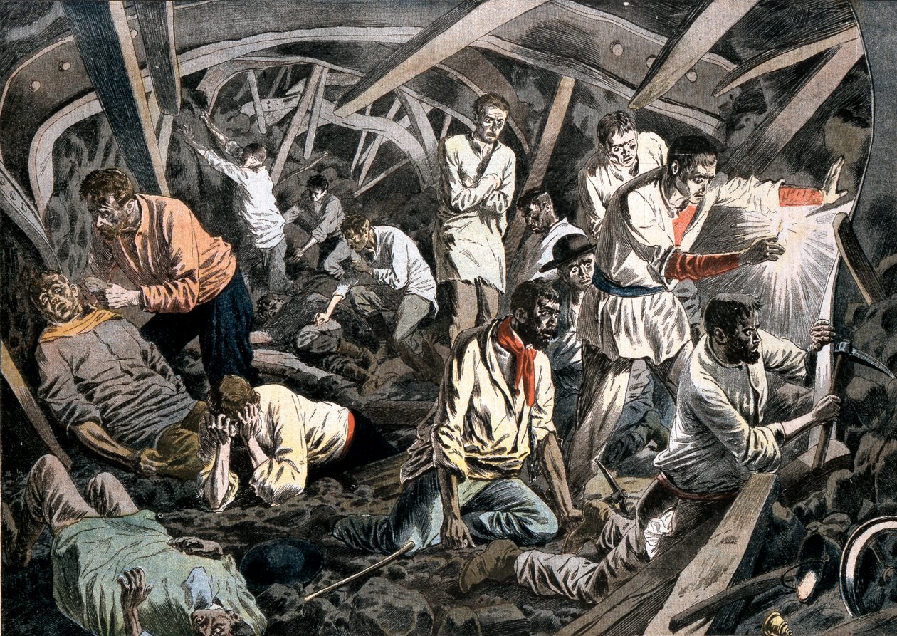 Hiilikaivostyöläiset jäivät maan alle katon putoamiseen, Courrieres Mines, Pas-de-Calais, Ranska, 1906 tekijältä Unbekannt